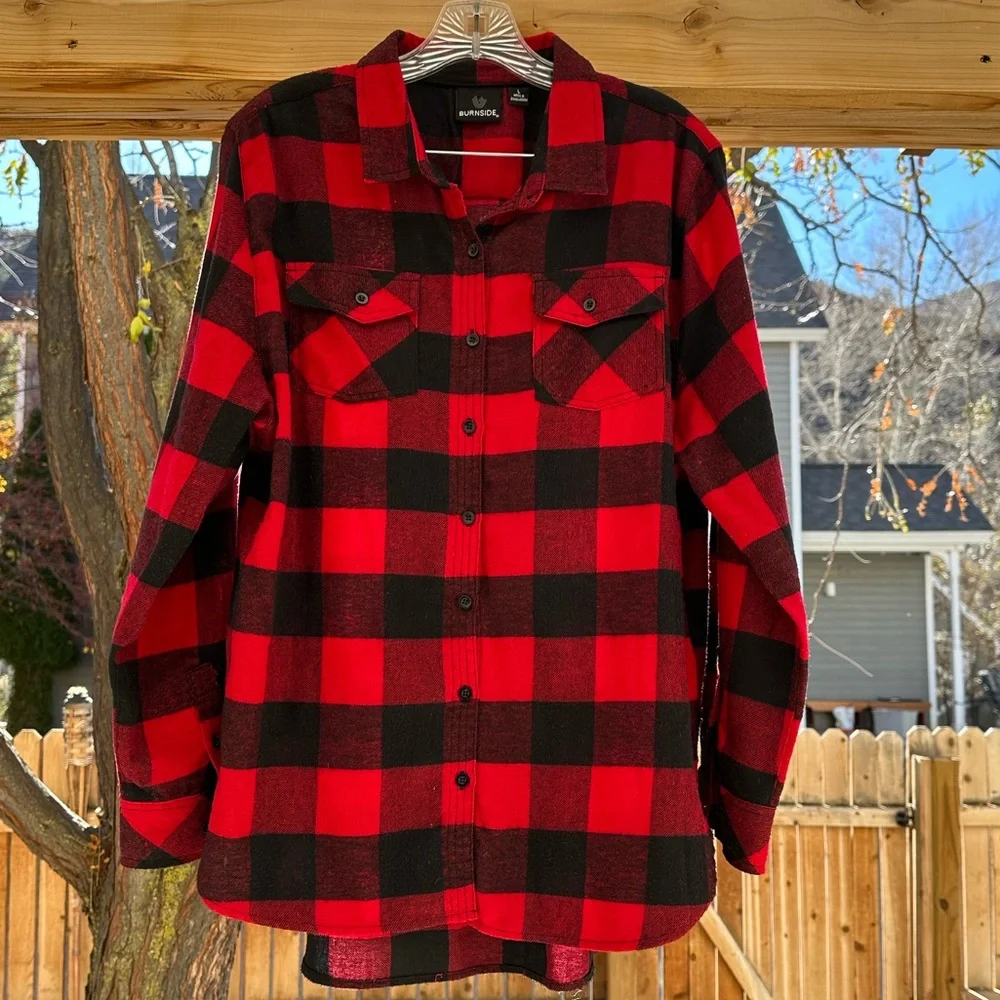 Burnside Vintage Plaid Boyfriend Flannel Shirt Red Black Large Huskers Nebraska - Picture 4 of 16